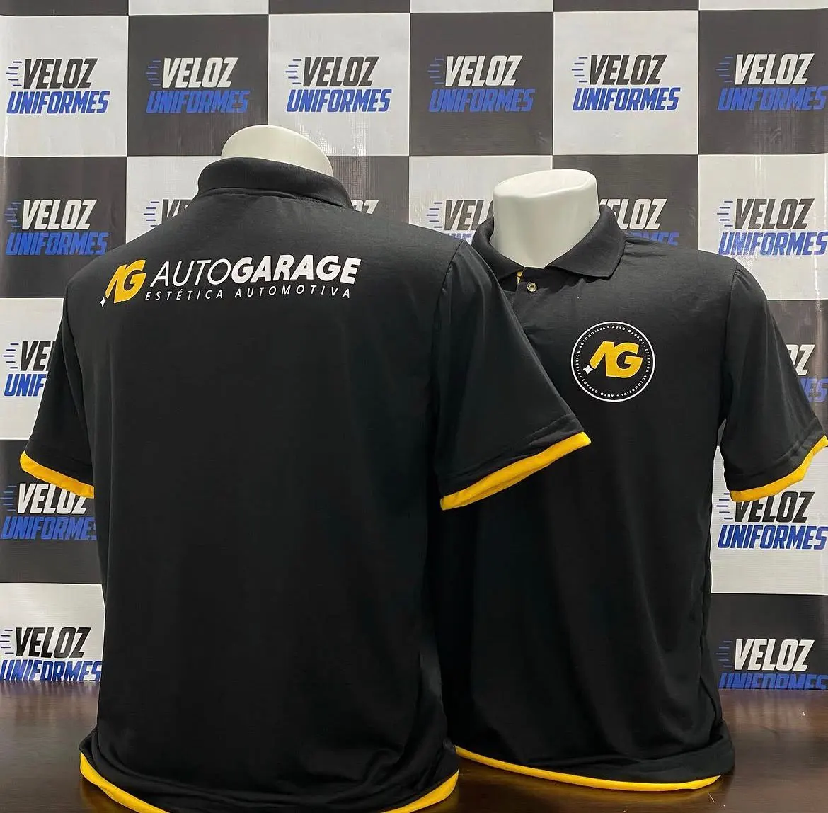 Polo preta e amarela AutoGarage uniforme mecânica