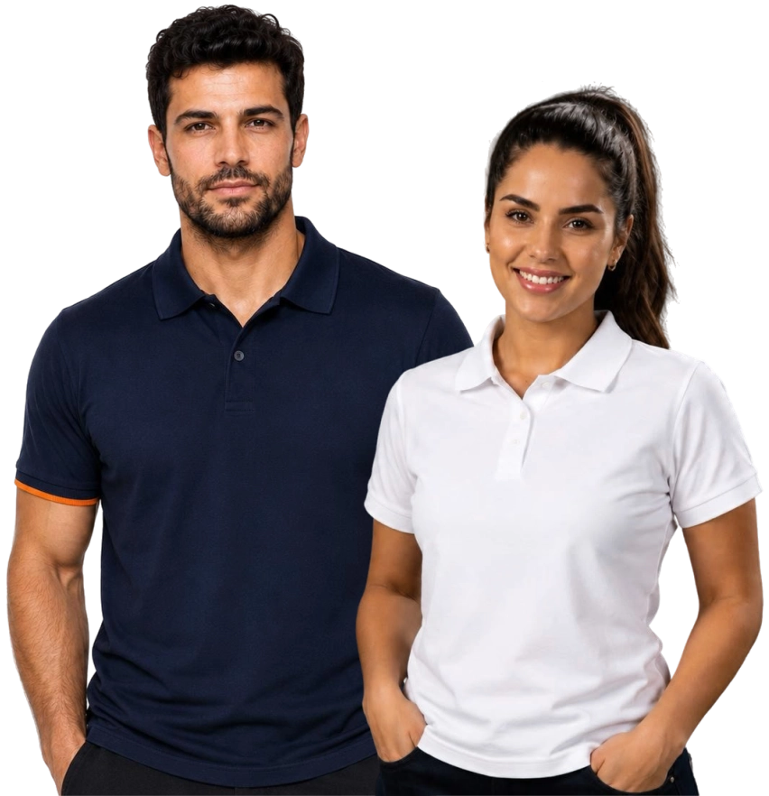 Modelos vestindo polos personalizadas azul-marinho e branca da Veloz Uniformes